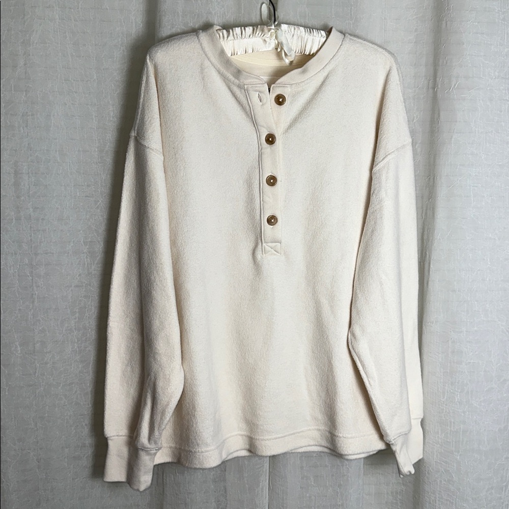 aerie Neutral Ivory Quarter Button Cotton Sherpa Henley Sweatshirt - Picture 9 of 17